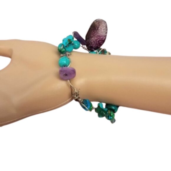 Hand-Crafted Wire Wrapped Purple & Turquoise Gemstone Bangle Cross Bracelet - Picture 4 of 10